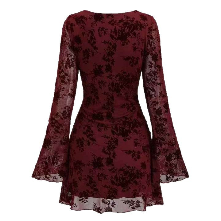 Spice Girl Mesh Flocked Crew Neck Flare-Sleeve Dress