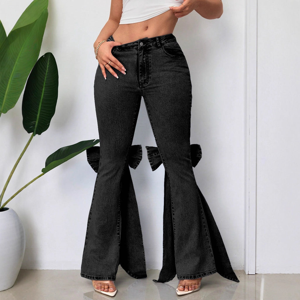 Retro Three-dimensional Bow Slim-fit Mid-stretch Mop Horn Denim Trousers