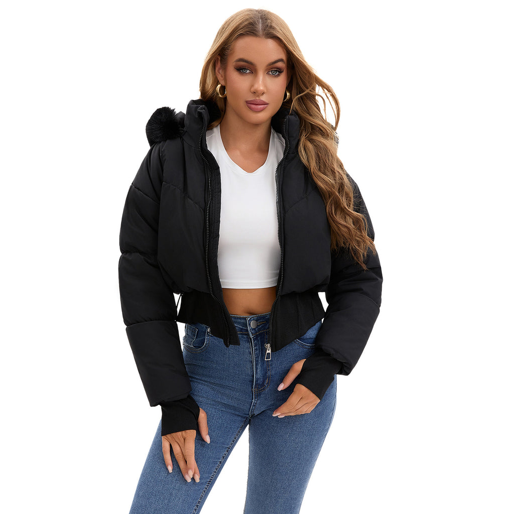 Waist-tight Big Fur Collar Hooded Short Cotton Jacket