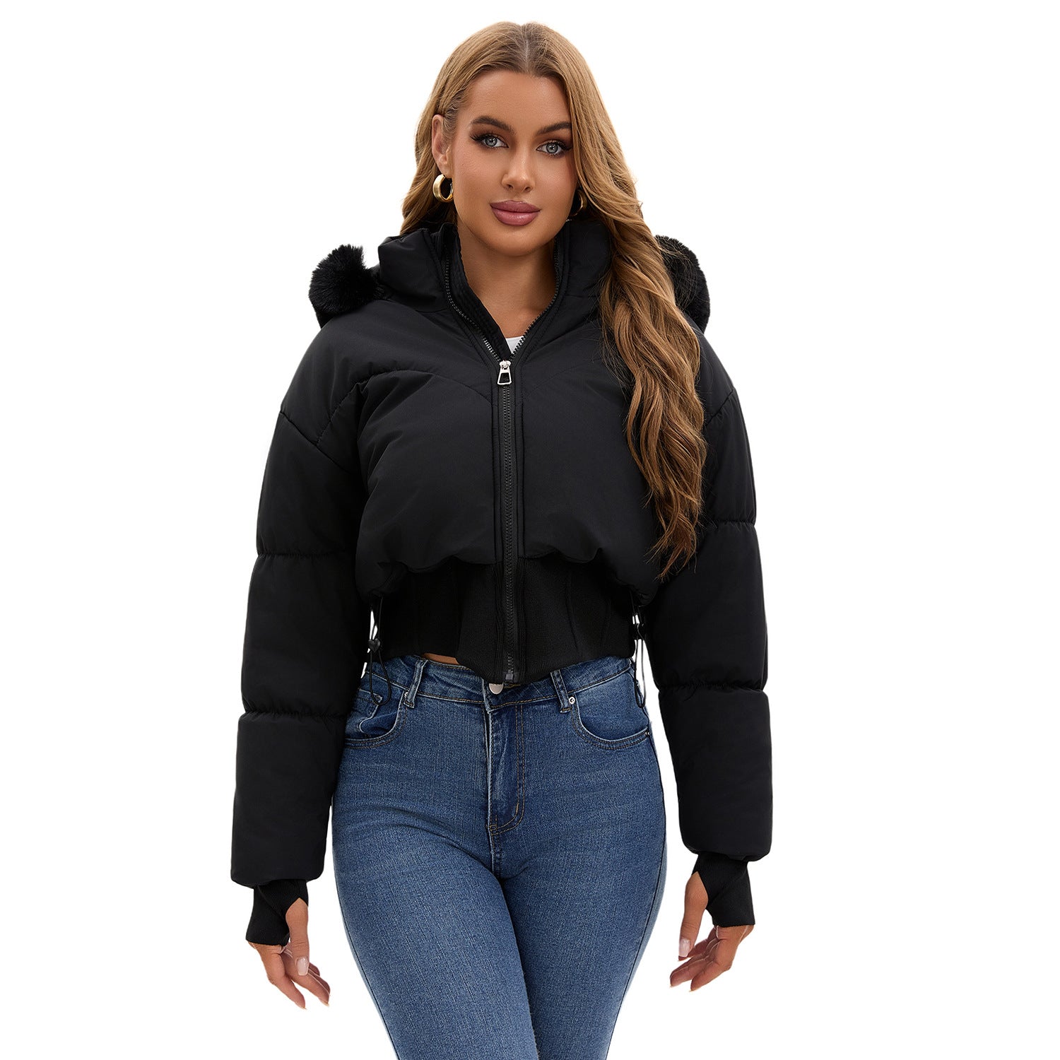 Waist-tight Big Fur Collar Hooded Short Cotton Jacket
