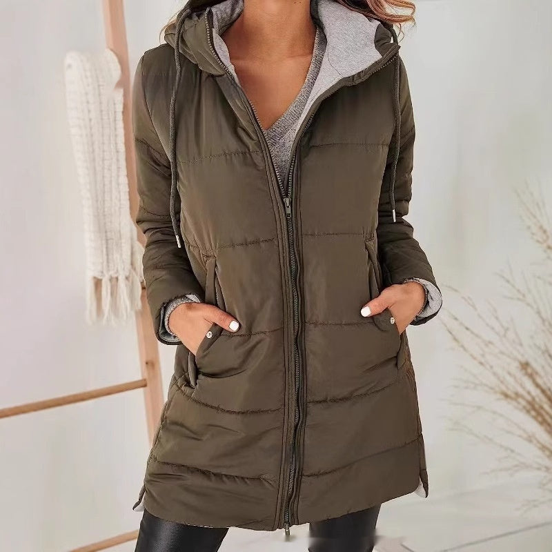 Women's Hooded Solid Color Pocket Long Cotton Jacket