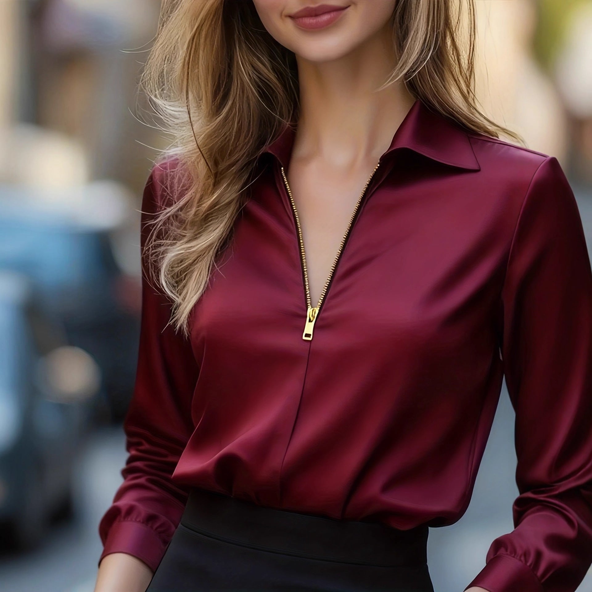 Elegant Solid-Color Minimalist V-Neck Long-Sleeve Shirt