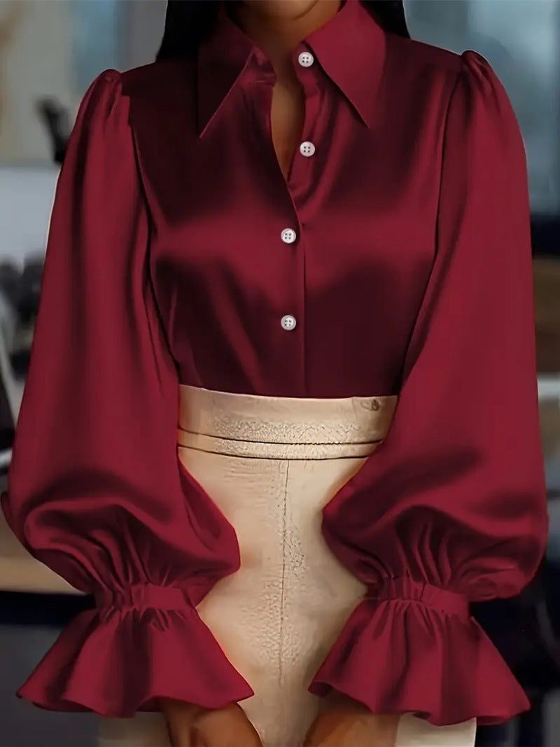New Stylish Solid-colored Bubble Sleeve Long-sleeve Lapel Satin Shirt For Commuting