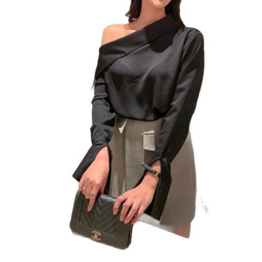 Womens Solid-Color Off-the-Shoulder Button-Down Korean-Style Fashion Shirt