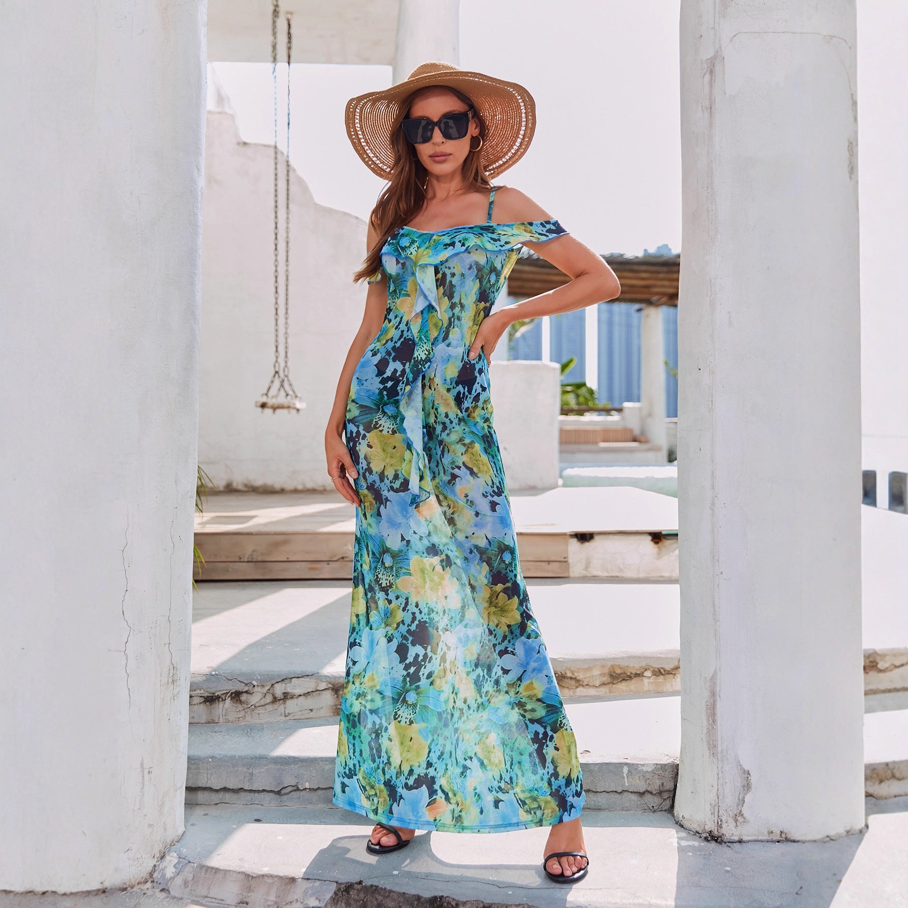 New Off-shoulder Printed Maxi Slip Dress
