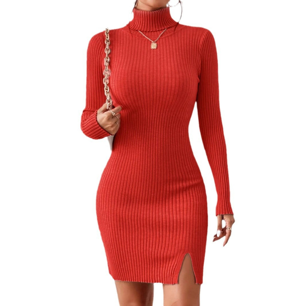 Solid-color Slim-fit Knitted Womens Dress