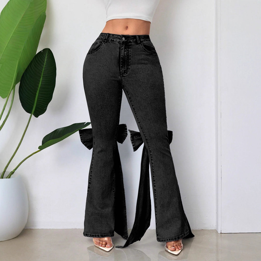 Retro Three-dimensional Bow Slim-fit Mid-stretch Mop Horn Denim Trousers