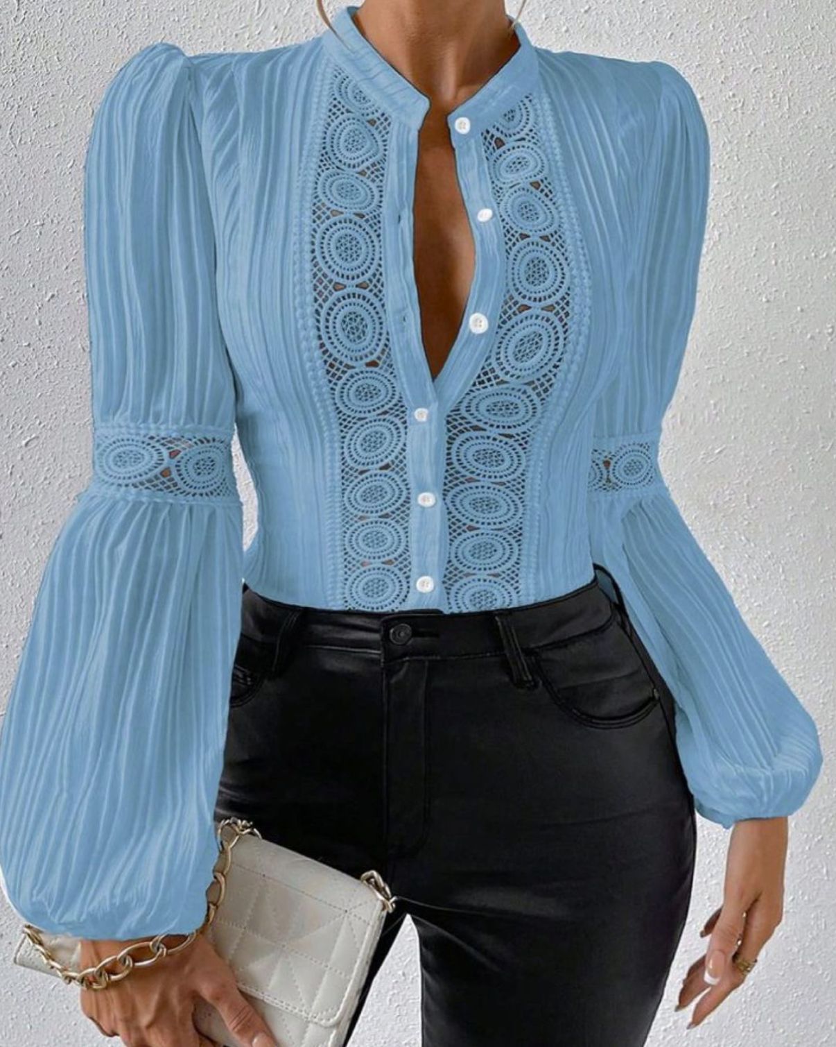 Women's Solid-Color Stand-Collar Shirt With Lace Panels Puff Sleeves