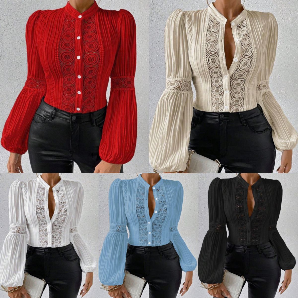 Women's Solid-Color Stand-Collar Shirt With Lace Panels Puff Sleeves