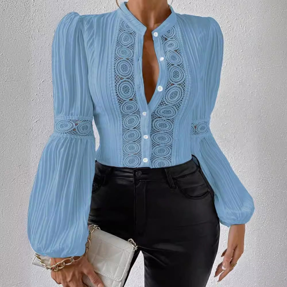 Women's Solid-Color Stand-Collar Shirt With Lace Panels Puff Sleeves