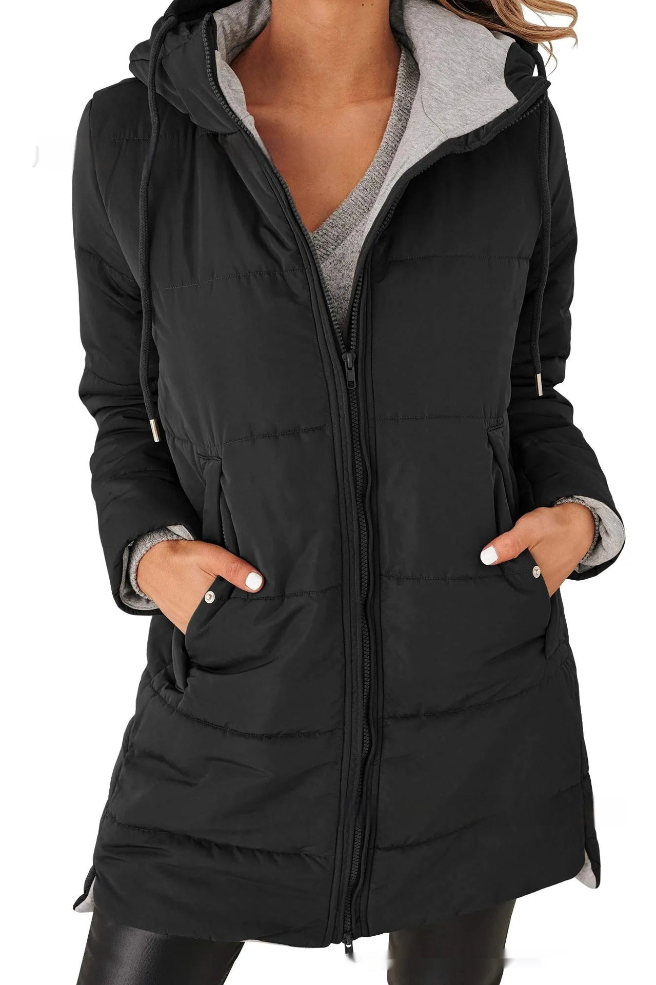Women's Hooded Solid Color Pocket Long Cotton Jacket