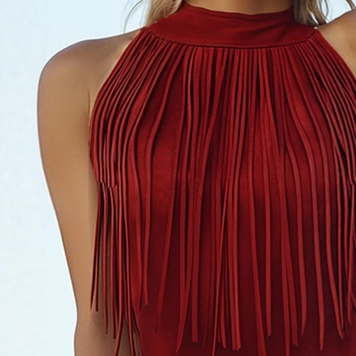 Red Tassel Halter Sleeveless Womens Tank Top
