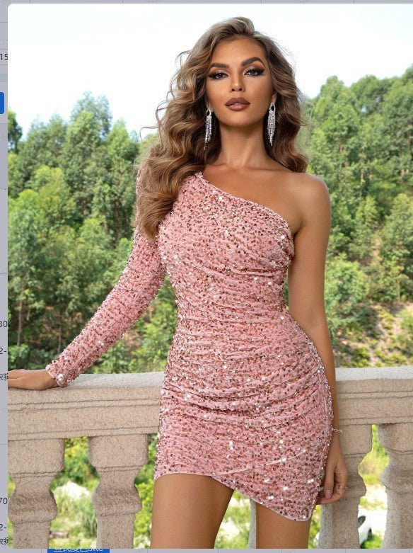 Sequin One-shoulder Long-sleeve Bodycon Dress