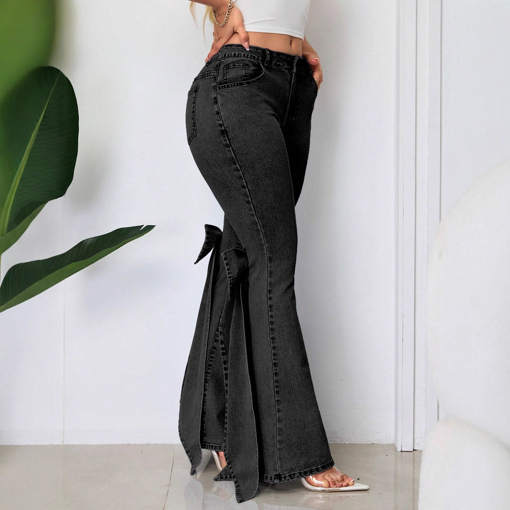 Retro Three-dimensional Bow Slim-fit Mid-stretch Mop Horn Denim Trousers