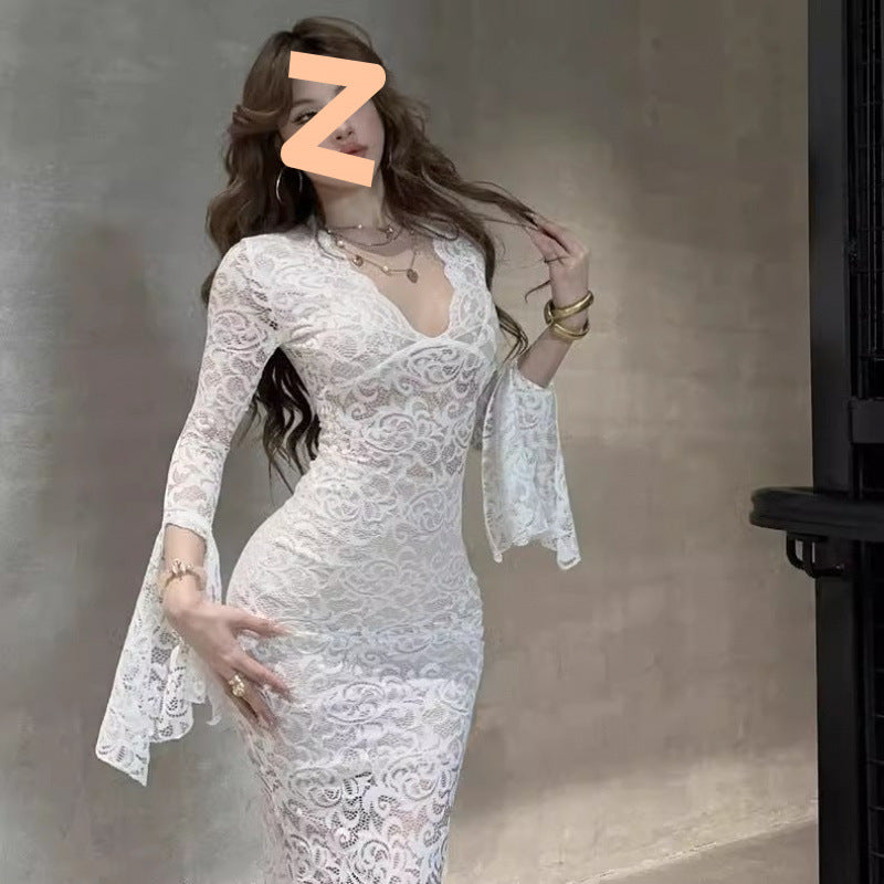 Red V-neck Lace Hollow-out Long-sleeve Dress