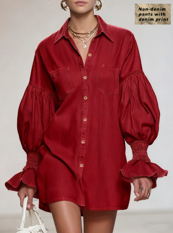 Puff-sleeve Denim Printed Shirt Dress