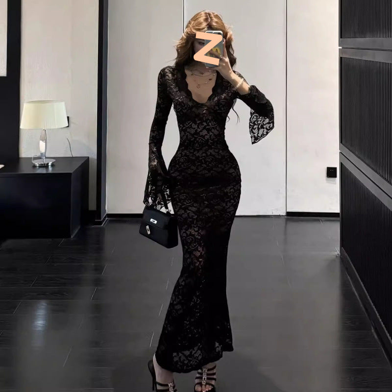 Red V-neck Lace Hollow-out Long-sleeve Dress