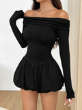 Womens Solid-Color One-Shoulder Long-Sleeve Ruffle Dress