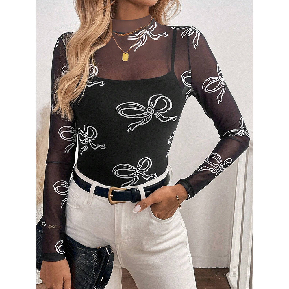 Women's Semi High Neck Sheer Long Sleeve TShirt Sexy Y2K Mesh Top