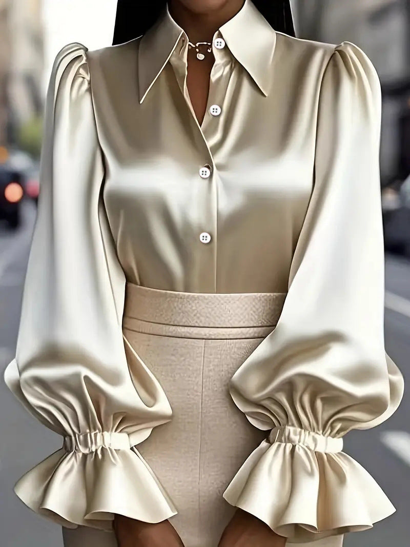 New Stylish Solid-colored Bubble Sleeve Long-sleeve Lapel Satin Shirt For Commuting