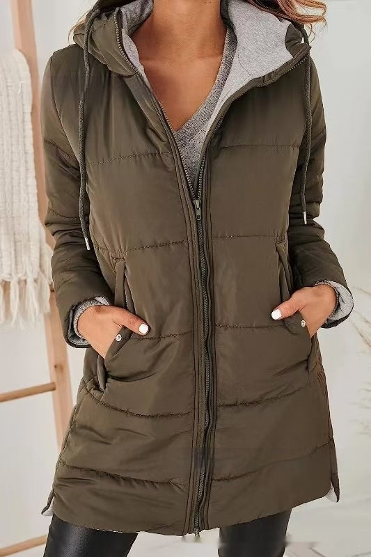 Women's Hooded Solid Color Pocket Long Cotton Jacket