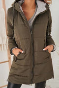 Women's Hooded Solid Color Pocket Long Cotton Jacket