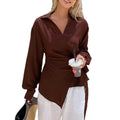 Womens Loose, Casual, Retro, Asymmetrical, Solid-Color Shirt With Ties