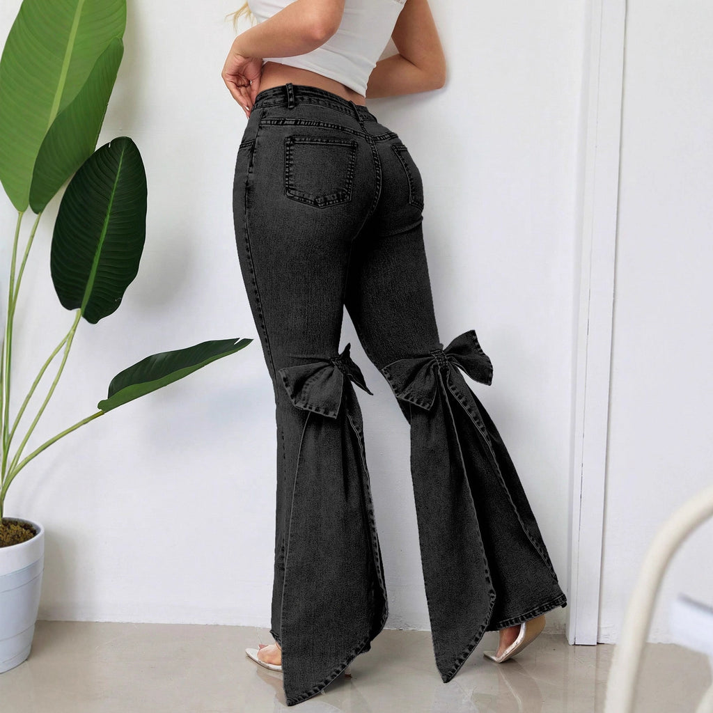 Retro Three-dimensional Bow Slim-fit Mid-stretch Mop Horn Denim Trousers