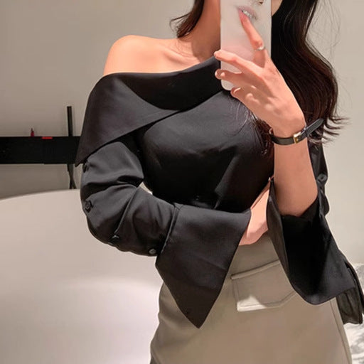 Womens Solid-Color Off-the-Shoulder Button-Down Korean-Style Fashion Shirt