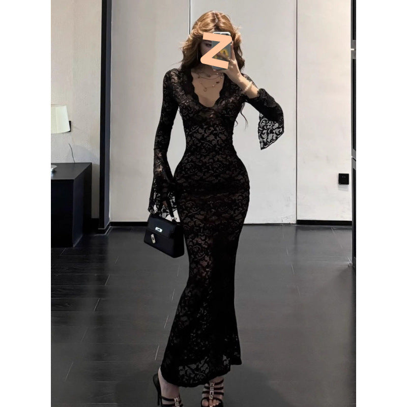 Red V-neck Lace Hollow-out Long-sleeve Dress