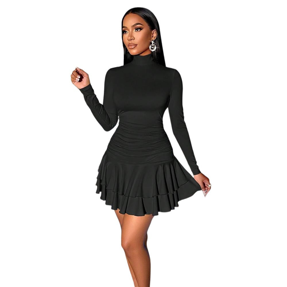 Black Mid-waist Pleated Double-layer Ruffle Mini Skirt