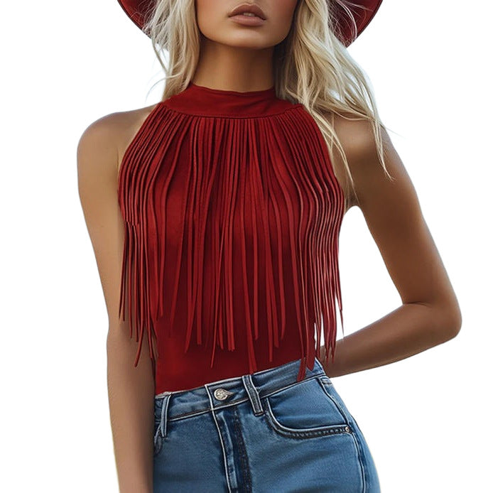 Red Tassel Halter Sleeveless Womens Tank Top