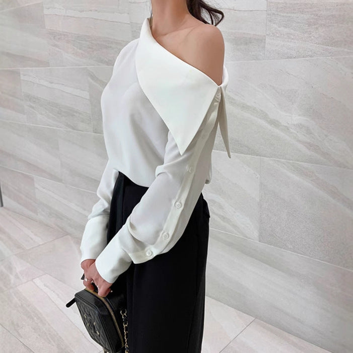 Womens Solid-Color Off-the-Shoulder Button-Down Korean-Style Fashion Shirt
