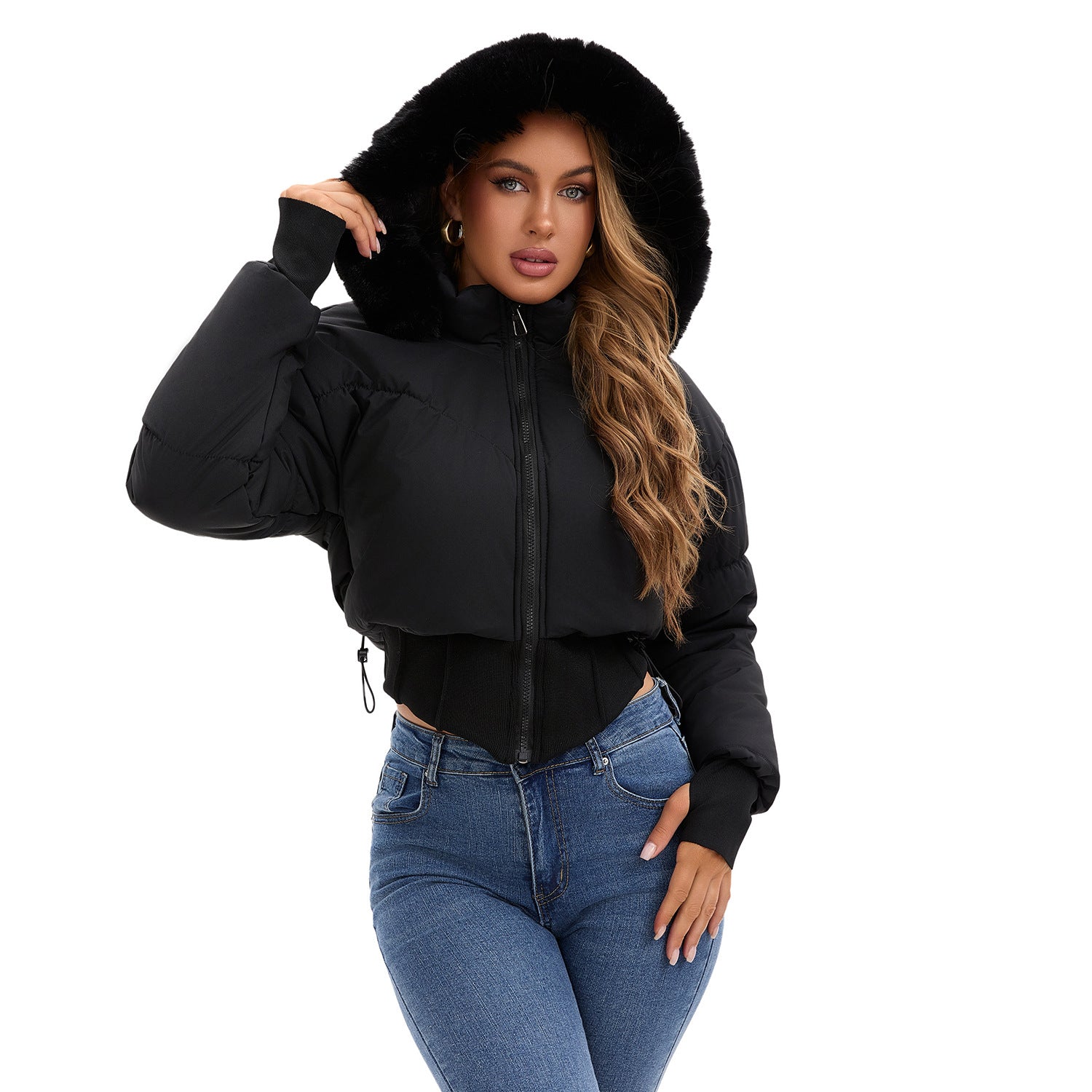 Waist-tight Big Fur Collar Hooded Short Cotton Jacket