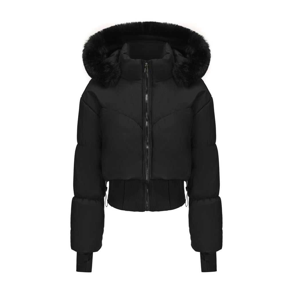 Waist-tight Big Fur Collar Hooded Short Cotton Jacket