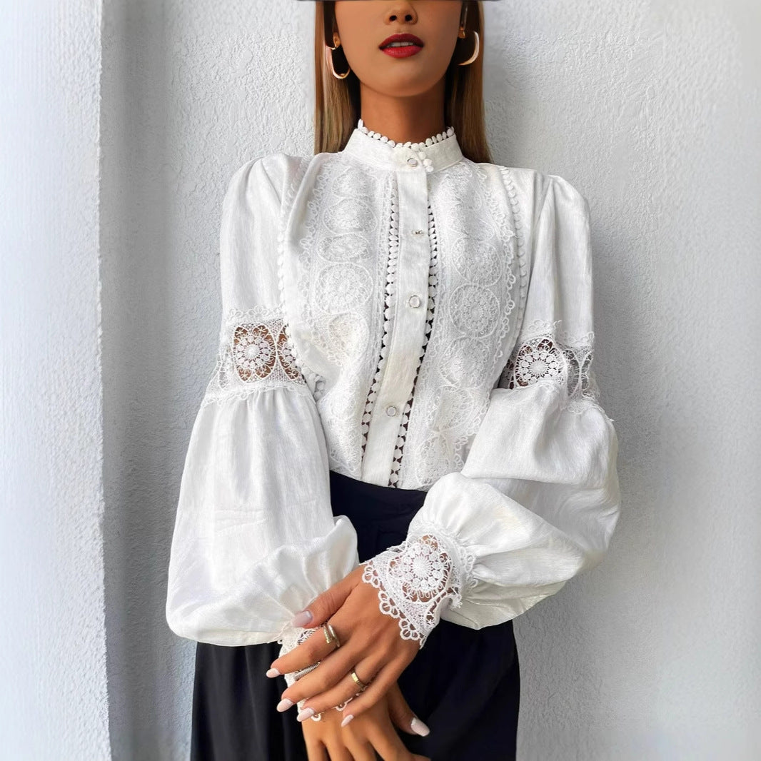 Women's Lace Patchwork Lantern Sleeve Casual Shirt
