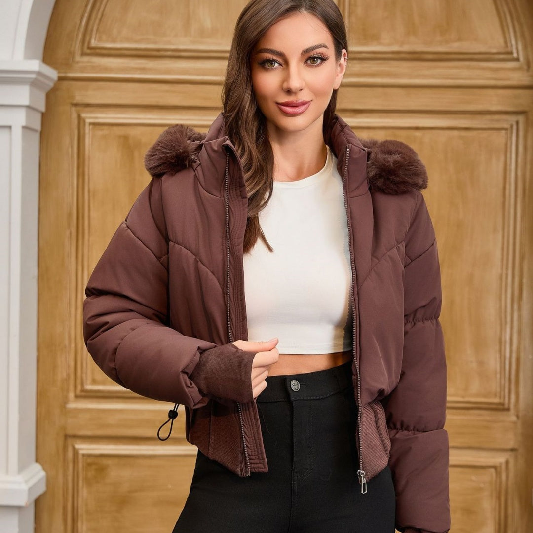 Waist-tight Big Fur Collar Hooded Short Cotton Jacket