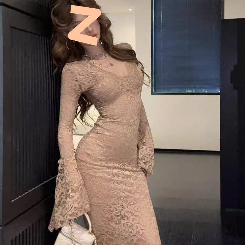 Red V-neck Lace Hollow-out Long-sleeve Dress