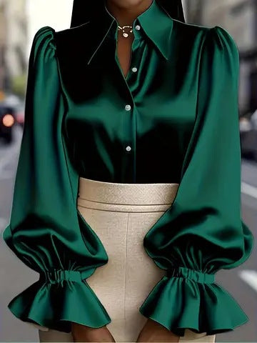 New Stylish Solid-colored Bubble Sleeve Long-sleeve Lapel Satin Shirt For Commuting