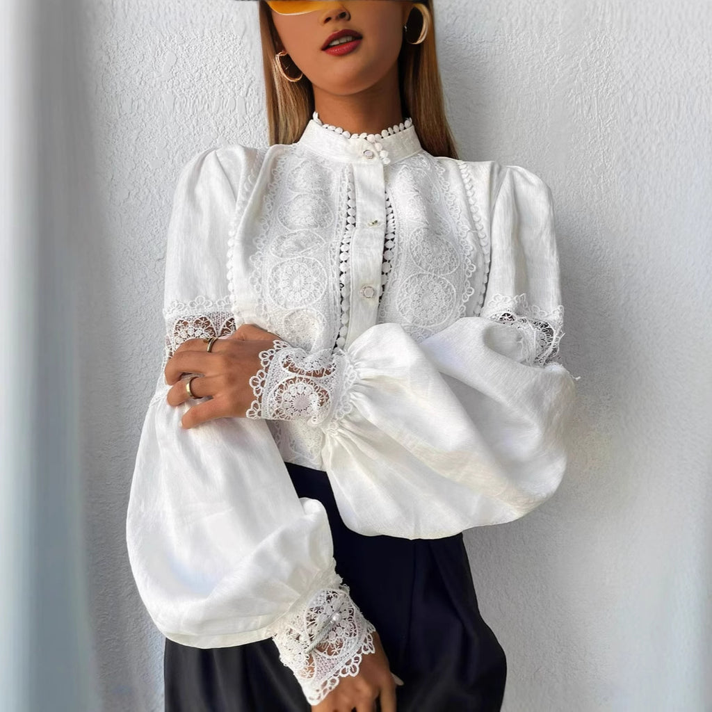 Women's Lace Patchwork Lantern Sleeve Casual Shirt