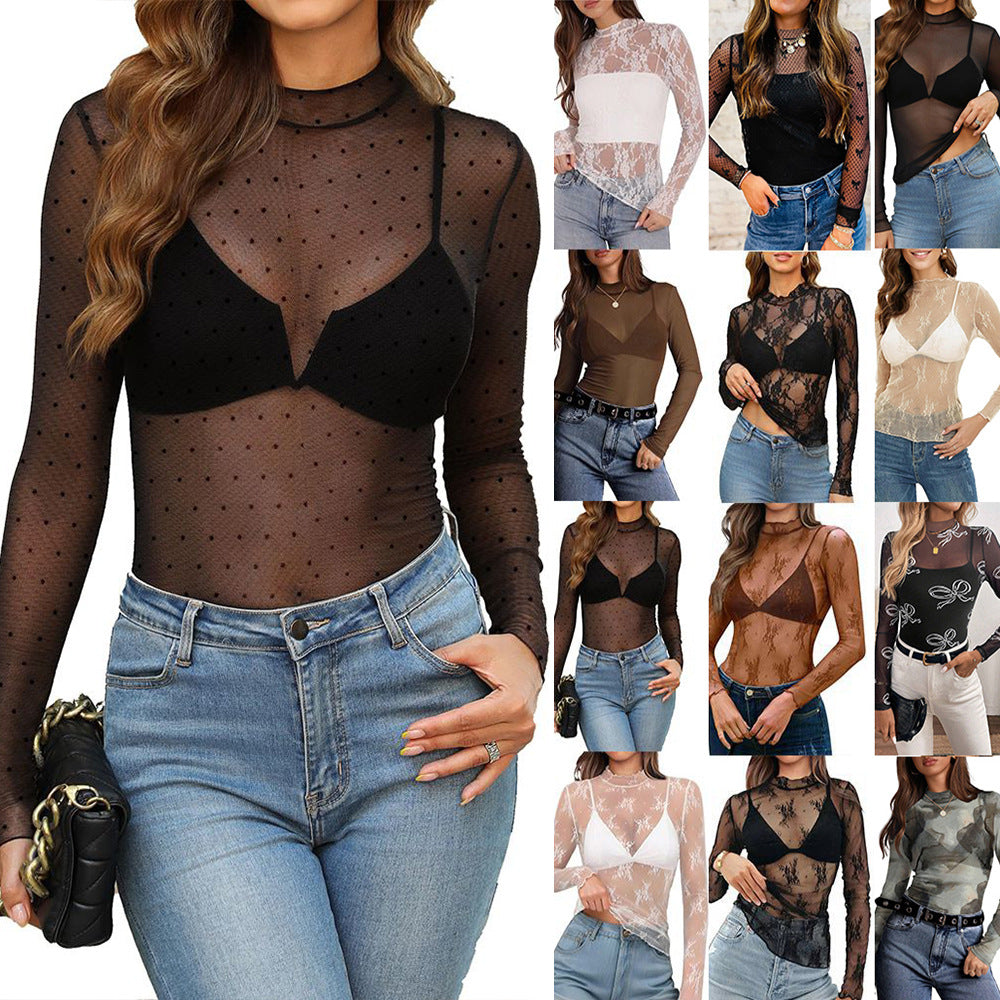 Women's Semi High Neck Sheer Long Sleeve TShirt Sexy Y2K Mesh Top