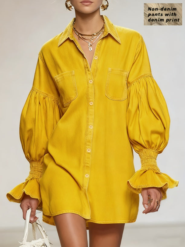 Puff-sleeve Denim Printed Shirt Dress