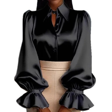 New Stylish Solid-colored Bubble Sleeve Long-sleeve Lapel Satin Shirt For Commuting