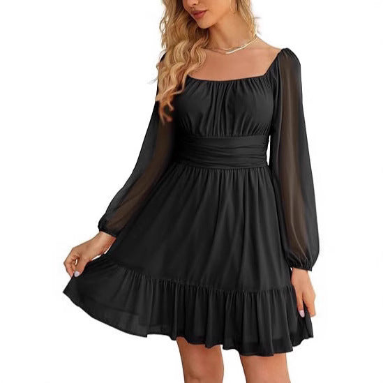 Womens Mesh Long-Sleeve Square-Neck Dress