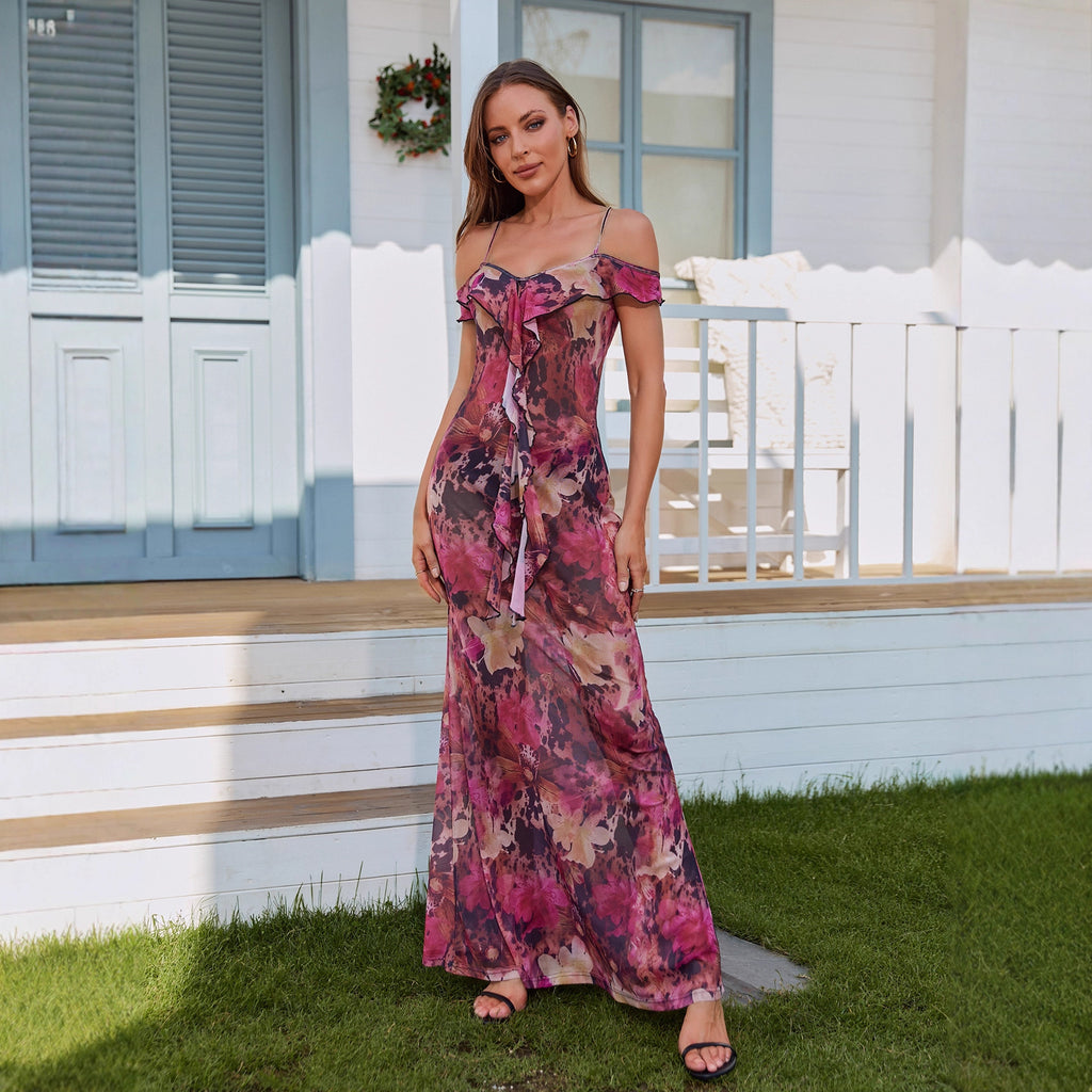 New Off-shoulder Printed Maxi Slip Dress