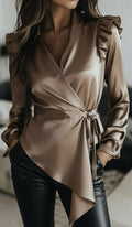 Womens Solid Color Minimalism Satin Lapel Button-up Blouse