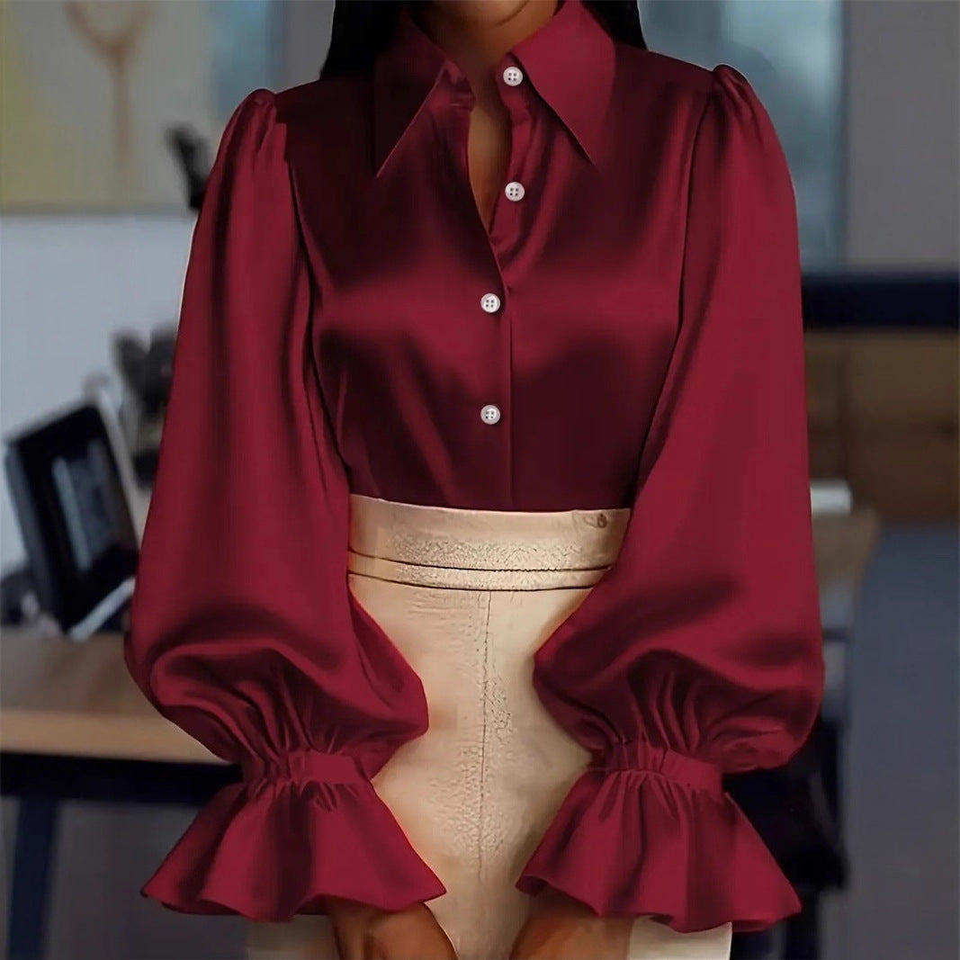 New Stylish Solid-colored Bubble Sleeve Long-sleeve Lapel Satin Shirt For Commuting