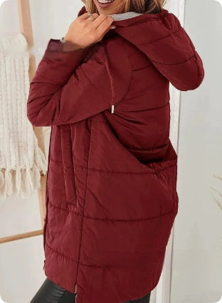Women's Hooded Solid Color Pocket Long Cotton Jacket