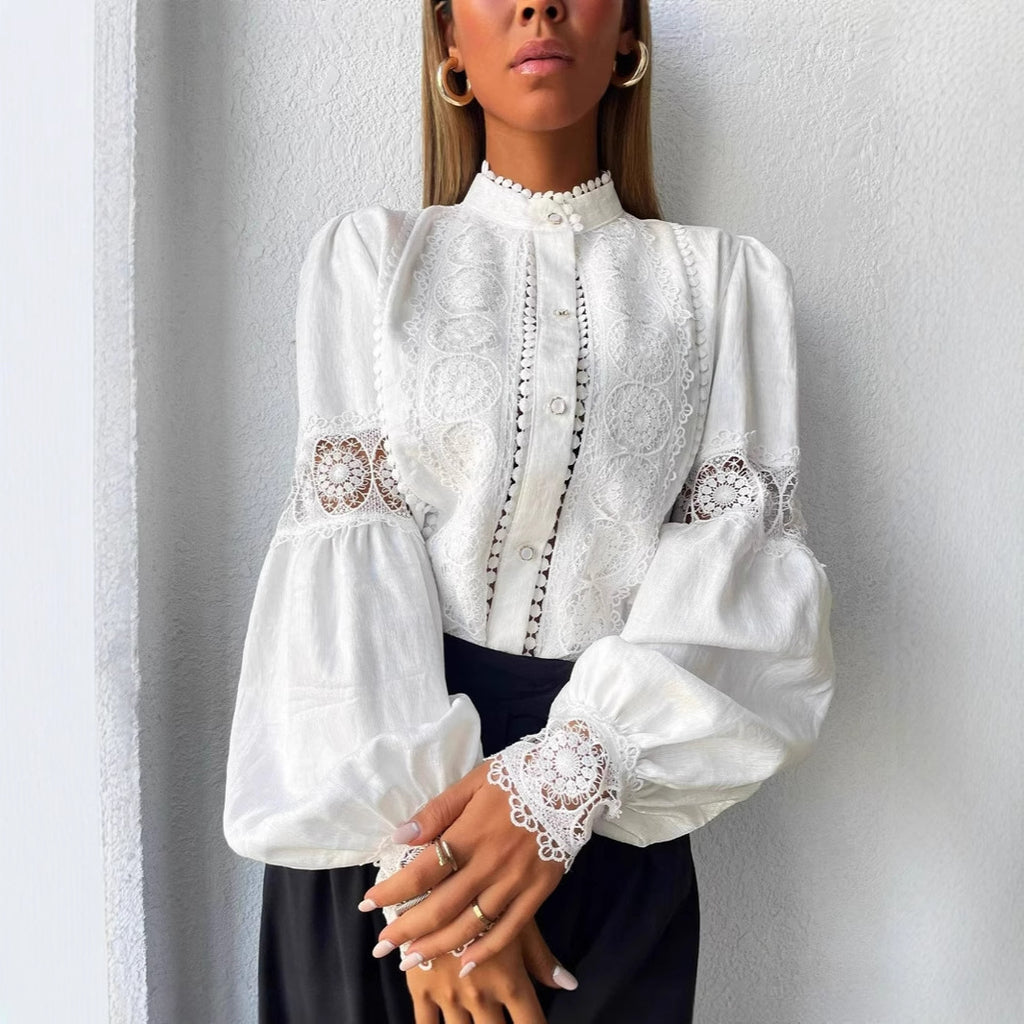 Women's Lace Patchwork Lantern Sleeve Casual Shirt
