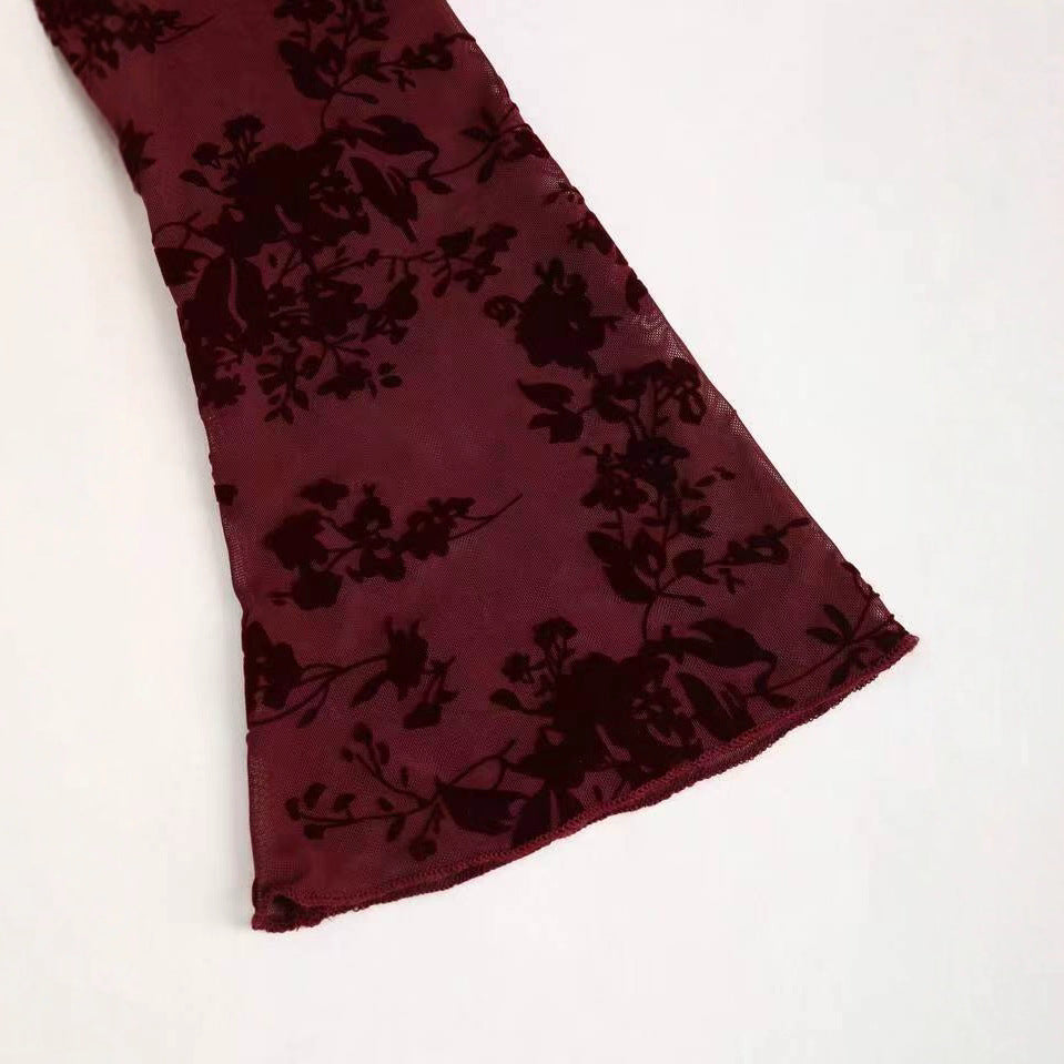 Spice Girl Mesh Flocked Crew Neck Flare-Sleeve Dress